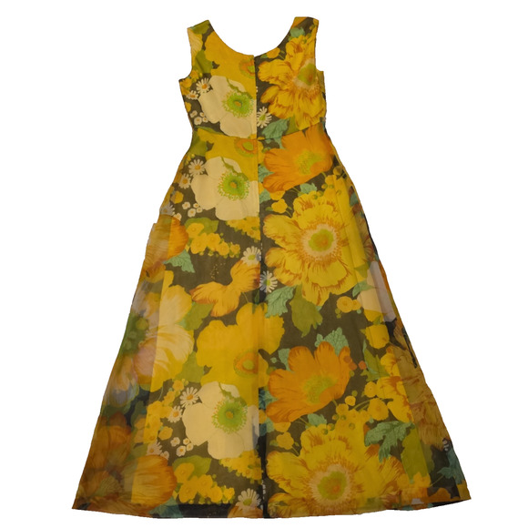 70s VTG Yellow Floral Maxi Dress + Sheer Coat Set Boho Cottagecore Festival Gown - Picture 8 of 15